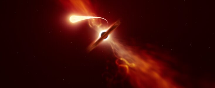 Imagem artística de uma estrela a ser desfeita por forças de maré exercidas por um buraco negro supermassivo