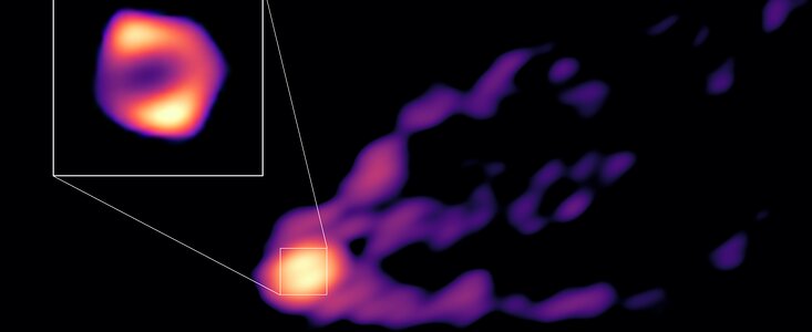 Una vista del chorro y la sombra del agujero negro de M87