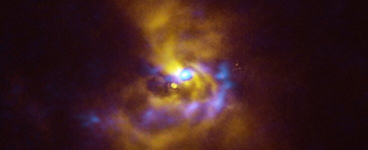 Image combinée de SPHERE et ALMA de la matière en orbite autour de V960 Mon