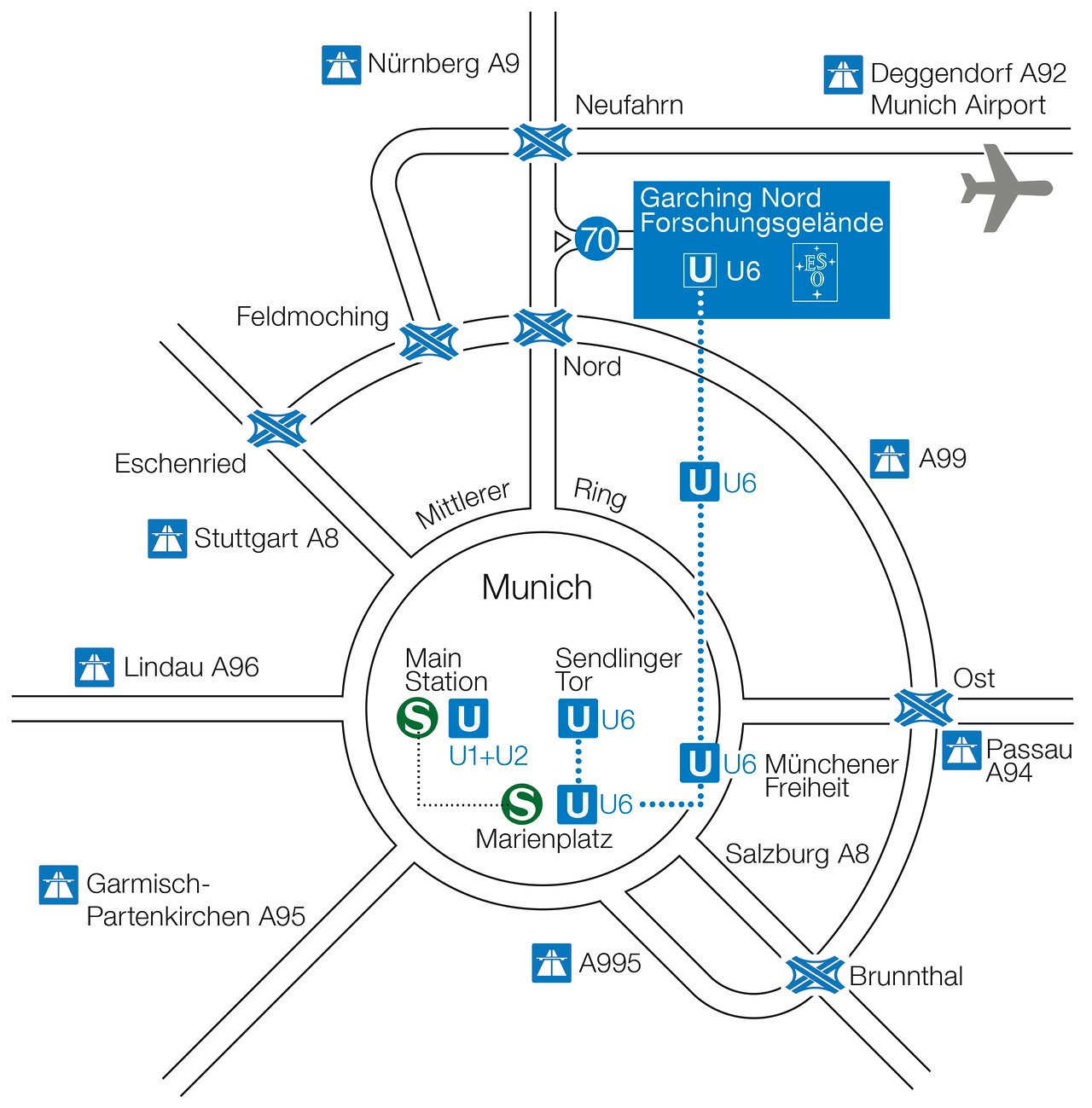 Location of ESO HQ Relative to Munich