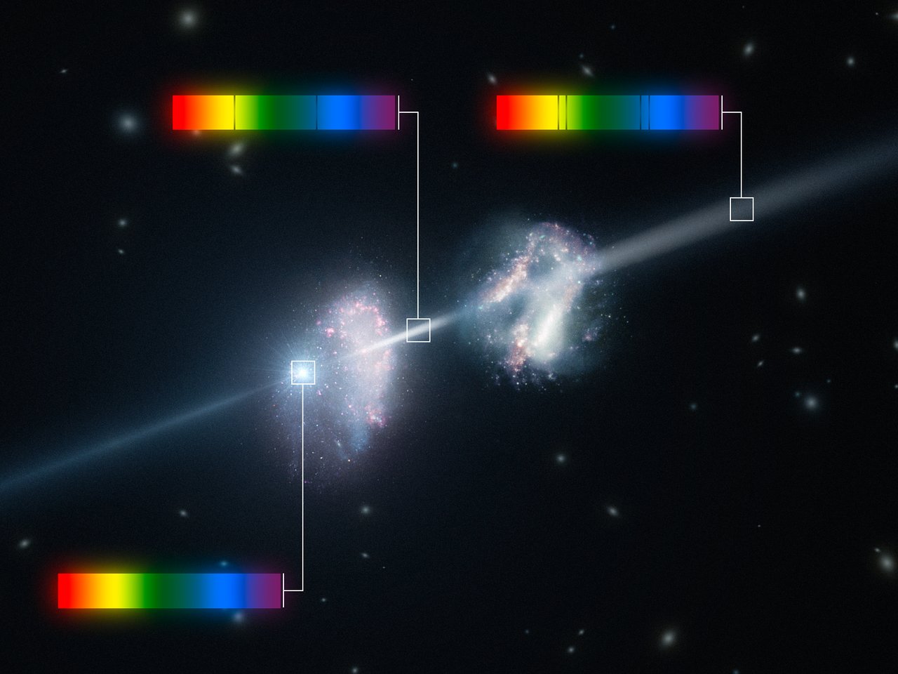 Artist’s impression of a gamma-ray burst shining through two young galaxies in the early Universe