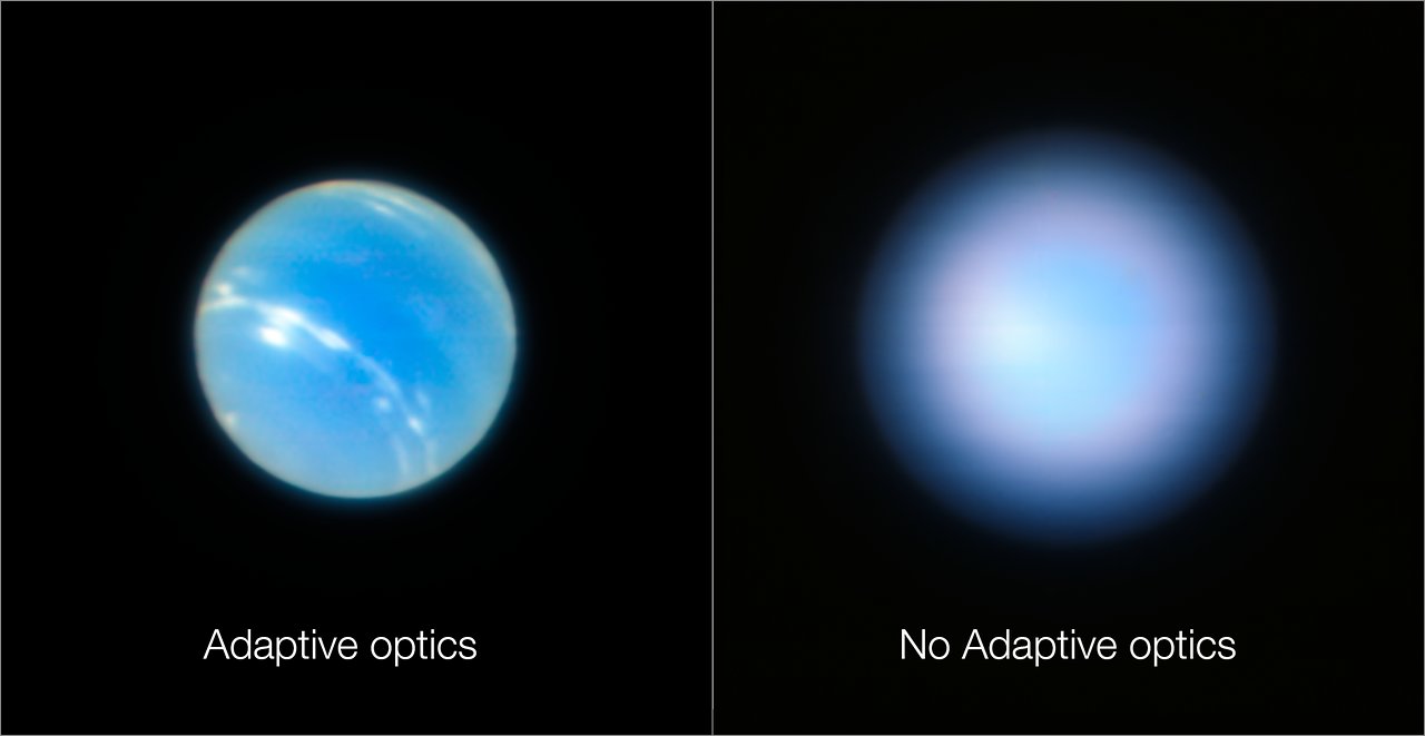 Neptune from the VLT with and without adaptive optics