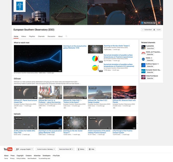 Il canale YouTube dell'ESO
