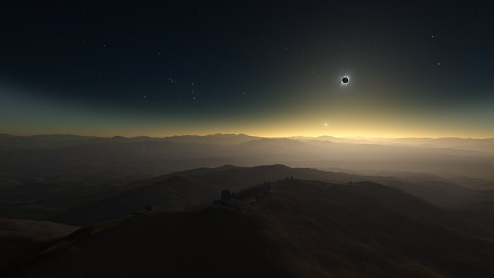 Screenshot from ESOcast 170 showing a clear-weather simulation of the 2019 total solar eclipse