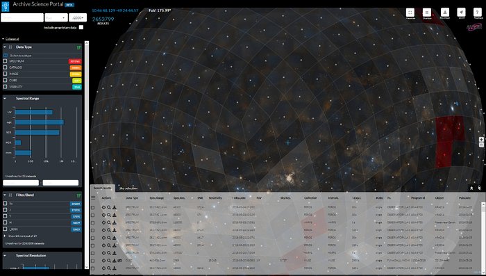 Zrzut ekranu z ESO Archive Science Portal