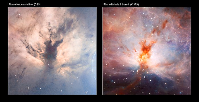 Comparación en lo visible/infrarrojo de la imagen de VISTA de la Nebulosa de la Llama