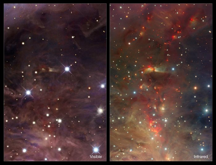 Comparación infrarroja/visible de un extracto de la imagen de la Nebulosa Orión captada por VISTA