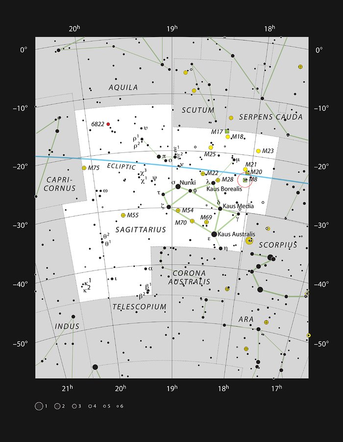 La regione di formazione stellare Messier 8 nella costellazione del Sagittario