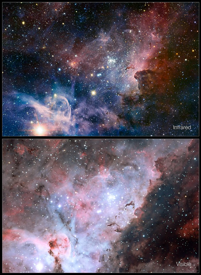 Comparación de la Nebulosa de Carina vista en luz visible/infrarroja