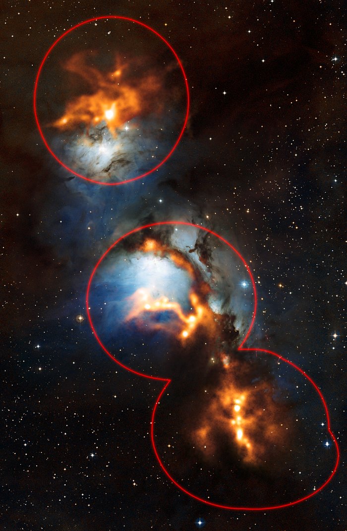 Het stof in de Orion-gordel uitgeplozen (waargenomen gebied)