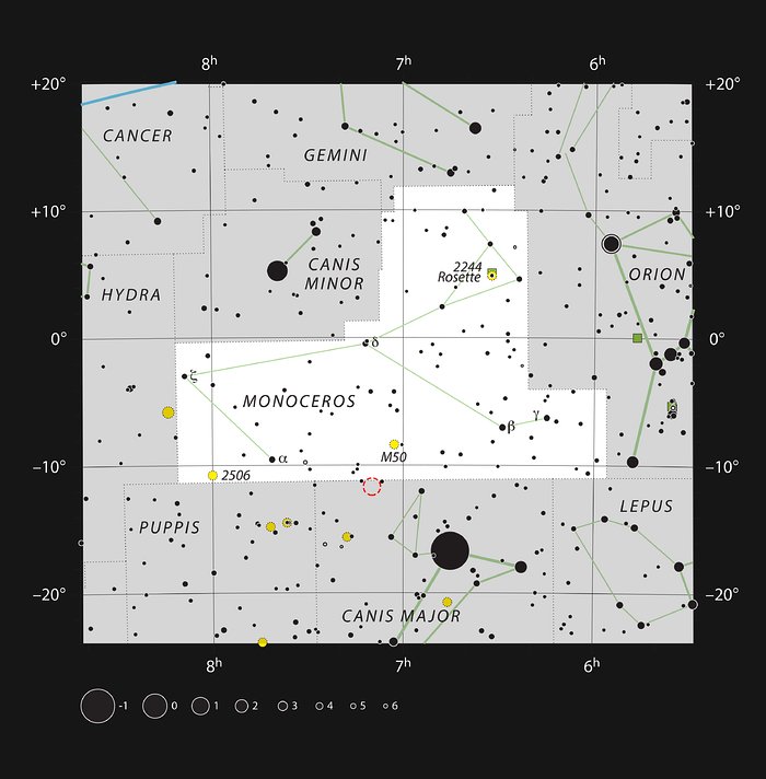 Havmågetågen på grænsen mellem stjernebillederne Monoceros og Canis Major