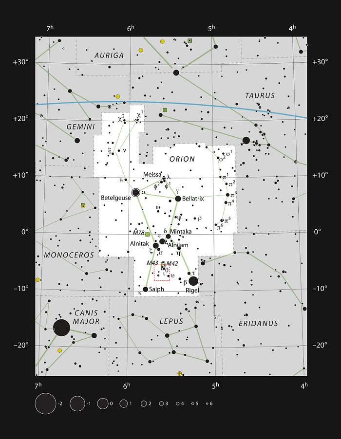 Das Sternbild Orion mit dem Gebiet, das in einer neuen APEX-Aufnahme zu sehen ist