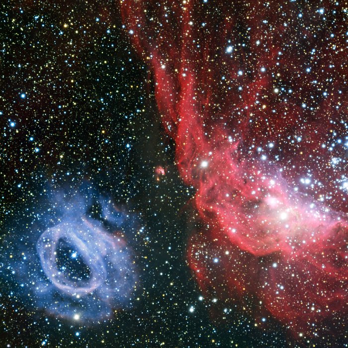 Twee zeer verschillende gloeiende gaswolken in de Grote Magelhaense Wolk