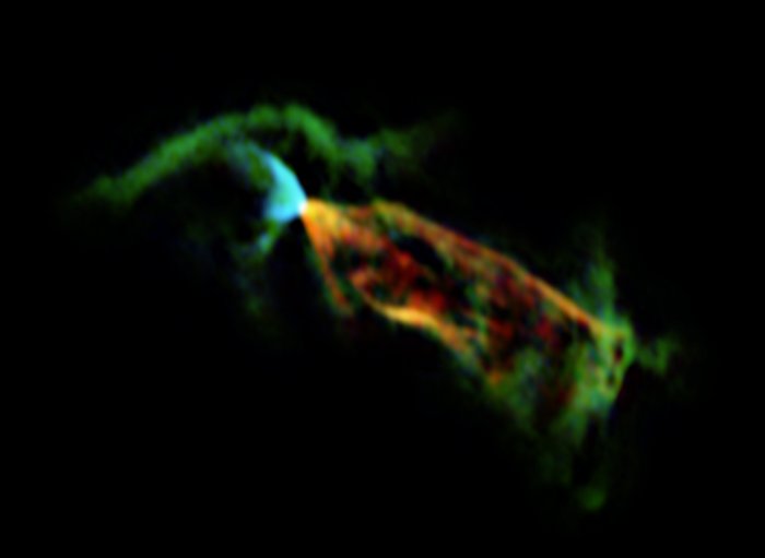 ALMA:s bild av utflödet från Herbig-Haro objektet HH 46/47