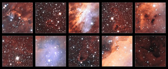 Wybrane obszary ze zdjęcia Mgławicy Krewetka z teleskopu VST