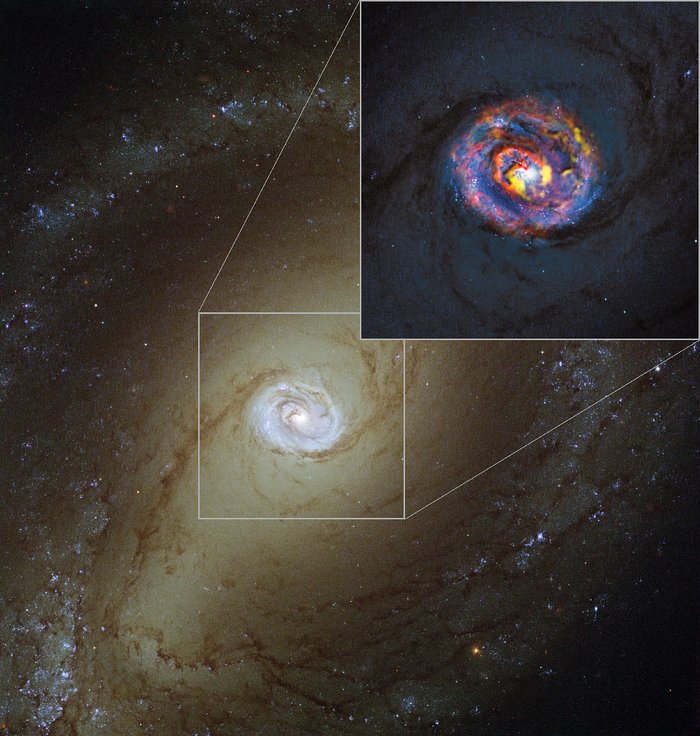 A galáxia ativa próxima NGC 1433 vista pelo ALMA e pelo Hubble
