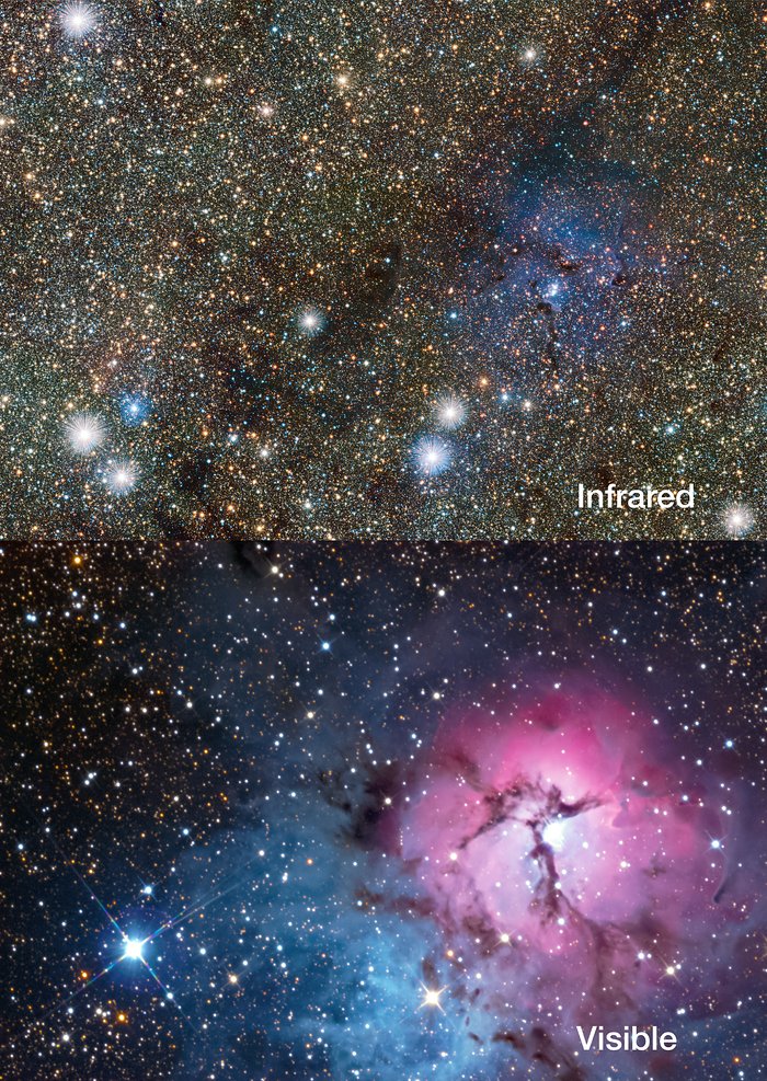 Comparación de imágenes en el infrarrojo y el visible de la nebulosa Trífida