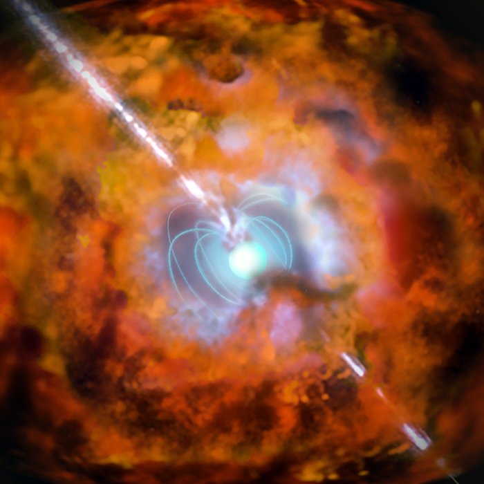Künstlerische Darstellung eines Gammastrahlenausbruchs und einer Supernova, die von einem Magnetar angetrieben wird