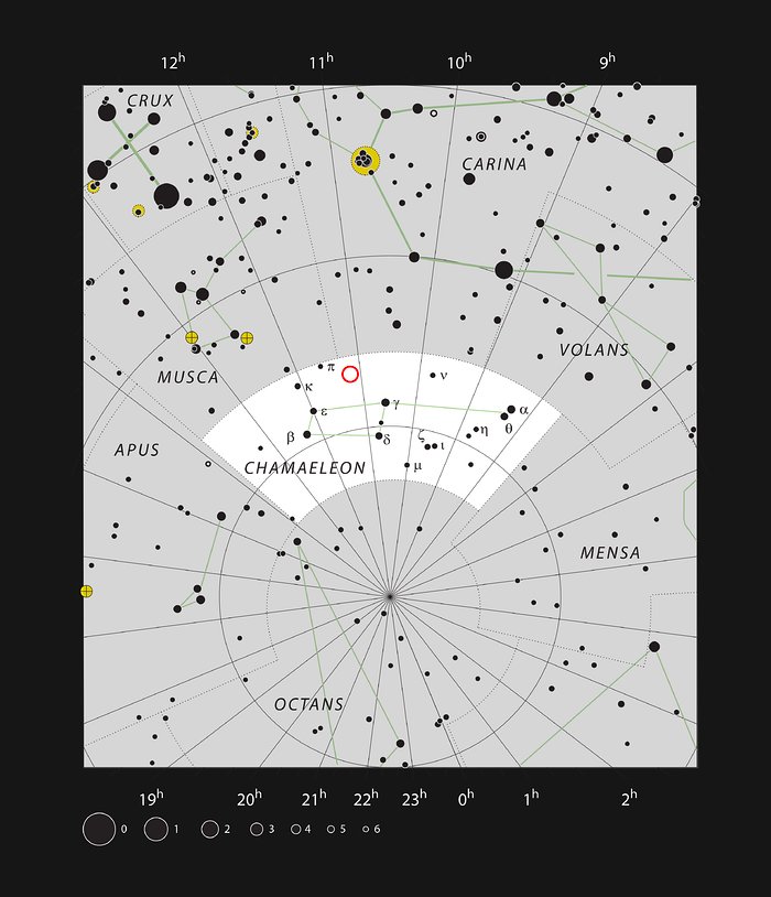 La ubicación de la nebulosa de  reflexión IC 2631 en la constelación de Chameleon 