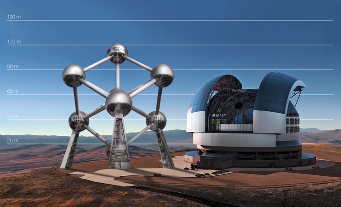 Das E-ELT im Vergleich mit dem Atomium im belgischen Brüssel