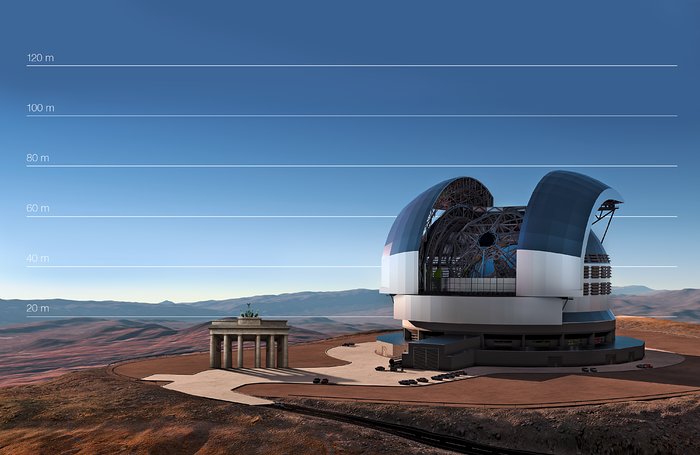 El E-ELT comparado con la Puerta de Brandemburgo, en Berlín (Alemania)
