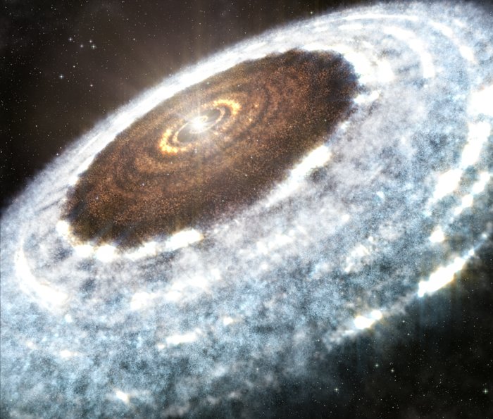 Rappresentazione artistica della linea di neve dell'acqua intorno alla giovane stella V883 Orionis