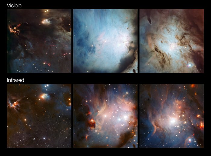 Comparación de zonas de la región de Messier 78 en luz visible e infrarroja