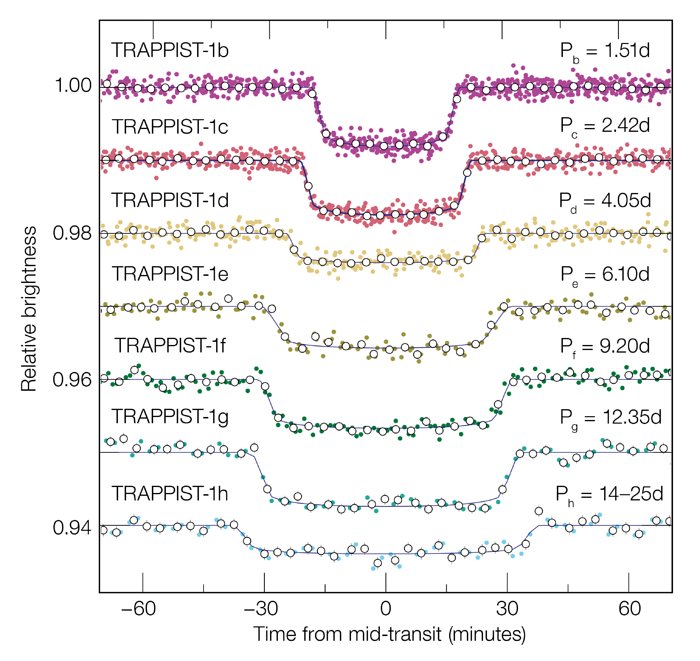 Courbes de lumière générées par le transit de chacune des sept planètes du système TRAPPIST-1