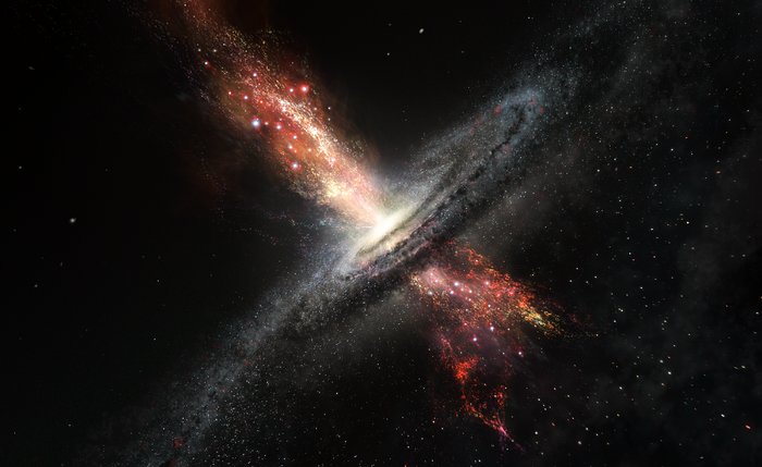 Künstlerische Darstellung von Sternen, die in Winden supermassereicher Schwarzer Löcher entstehen