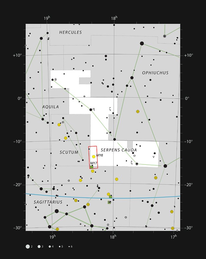 Nebulosas nos limites das constelações do Sagitário e da Serpente