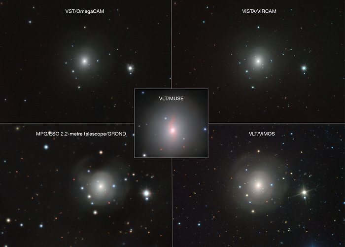 Mozajka snímků galaxie NGC 4993 a kilonovy pořízených dalekohledy ESO