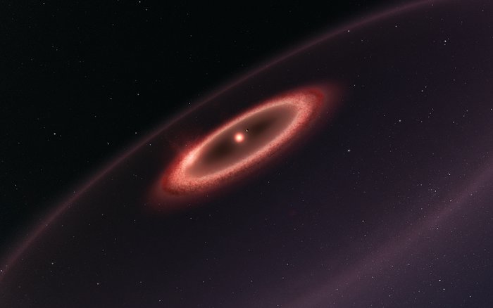 Imagem artística das cinturas de poeira em torno de Proxima Centauri