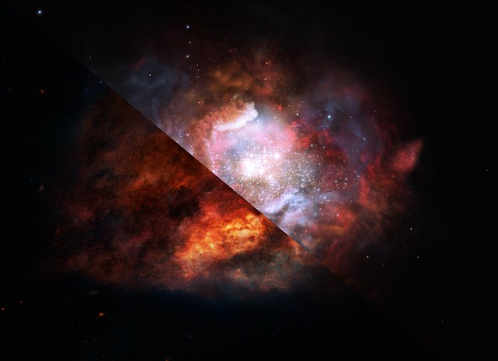 Imagem artística de uma galáxia poeirenta com formação estelar explosiva