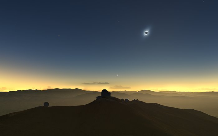 Artist’s impression van de eclips van 2019, gezien vanaf La Silla