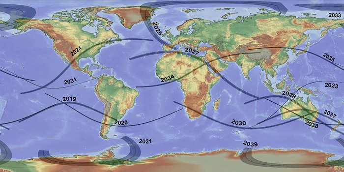 Totalitätszonen aller totalen Sonnenfinsternisse im Zeitraum 2019-2040