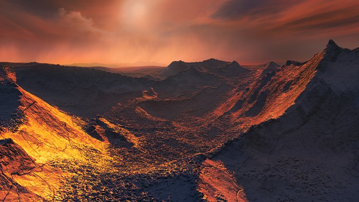Vue d’artiste de la surface d’une super-Terre en orbite autour de l’étoile de Barnard