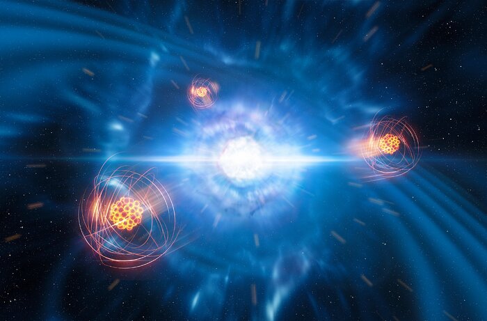 Imagem artística de estrôncio a emergir da fusão de estrelas de neutrões