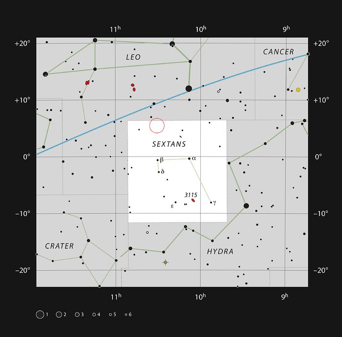 Location of the supermassive black hole’s web in the constellation of Sextans