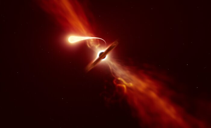 Illustration af en stjerne, som bliver flået itu af tyngdekraften fra en supertungt sort hul