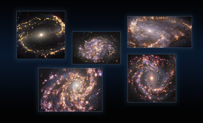 Cinque galassie osservate da MUSE sul VLT dell'ESO a diverse lunghezze d'onda