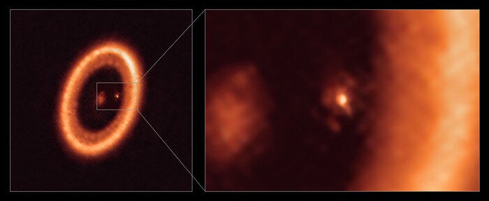 Imagens de grande angular e de grande plano obtidas pelo ALMA de um disco de formação de satélites