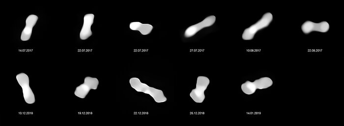 O asteroide Cleópatra visto de diferentes ângulos (com anotações)