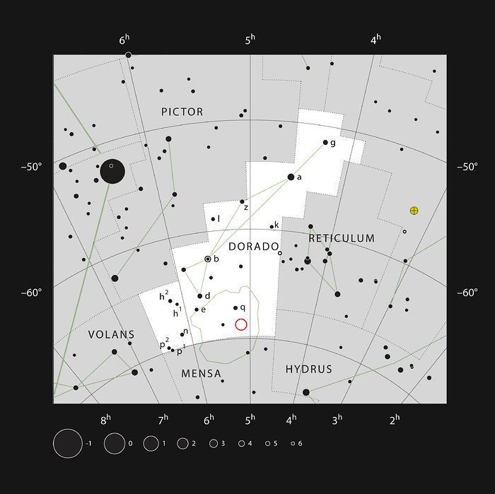 Positie van de sterrenhoop NGC 1850 in het sterrenbeeld Goudvis