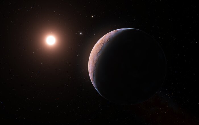 Artystyczna wizja planety Proxima d (szerszy widok)