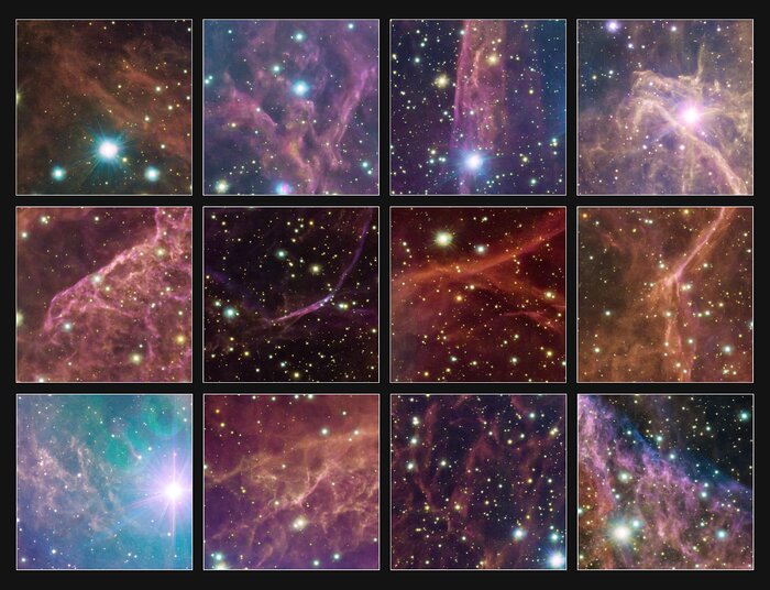 A set of 12 images that are zoomed in portions of the original, very large image of the Vela supernova remnant. Each image shows threads of orange and pink clouds with many stars of varying brightness and size. The detail in these images demonstrates the high resolution of the original photo.