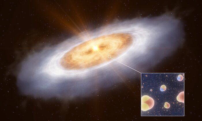 Vandet i den skive omkring stjernen V883 Orionis, hvor der dannes planeter (illustration)