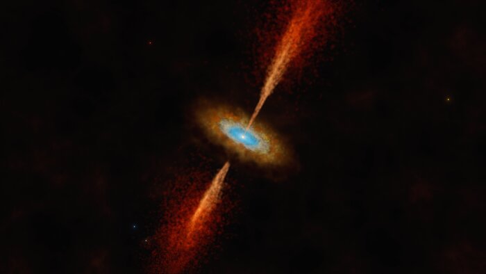 Imagem artística do disco e jato do sistema estelar jovem HH 1177
