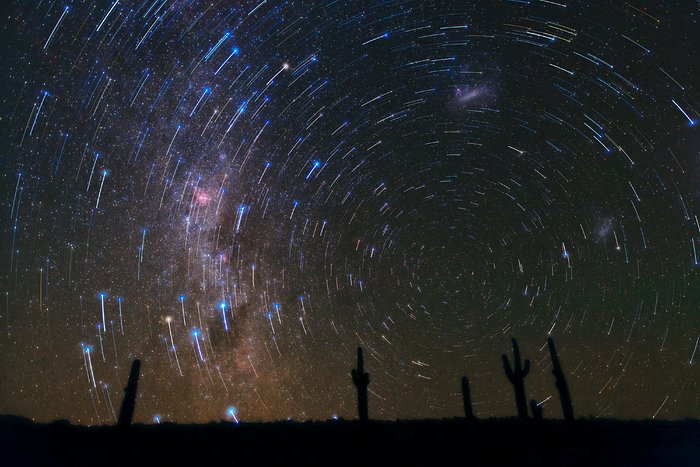 Stersporen boven de cactussen in de Atacama-woestijn