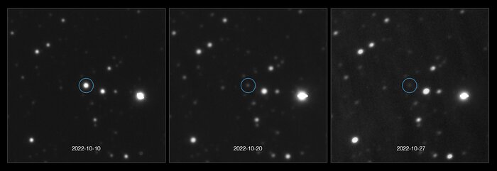 Three telescopic images of the same area of the sky, with white stars over a black background. The images were taken at increasingly later dates from left to right. In all images there’s a circle surrounding a central star-like spot, which fades from the left to the right images.