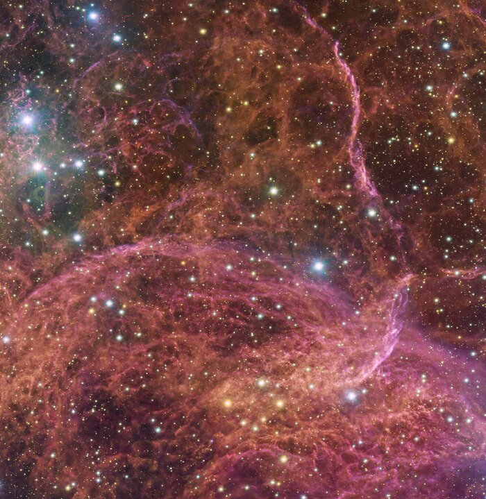 The image shows the remnants of a supernova explosion, which appears as a wispy structure of pink and orange clouds. These clouds cover almost the entirety of the image, with many of them appearing as filaments, long and thin in shape. Throughout the image there are also many stars, shining with white, orange and blue light. Some of these stars are much brighter and larger than others.